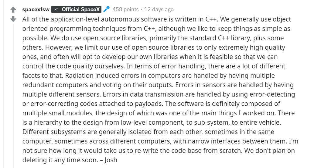 SpaceX软件团队Reddit答网友问：应用级程序用C++编写，测试用Python